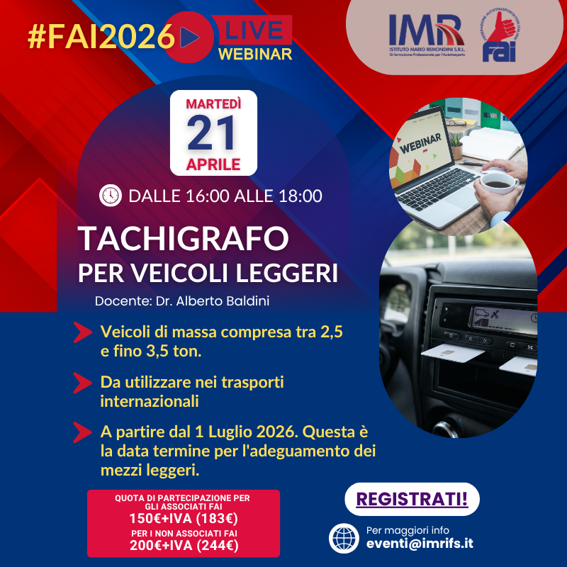 Webinar "Tachigrafo per veicoli leggeri": 21 aprile 2026